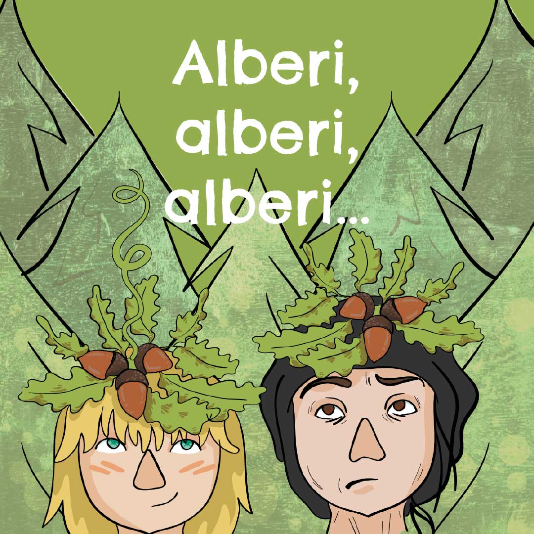 Illustrazione di due bambini con corone di foglie e ghiande, sullo sfondo una foresta stilizzata